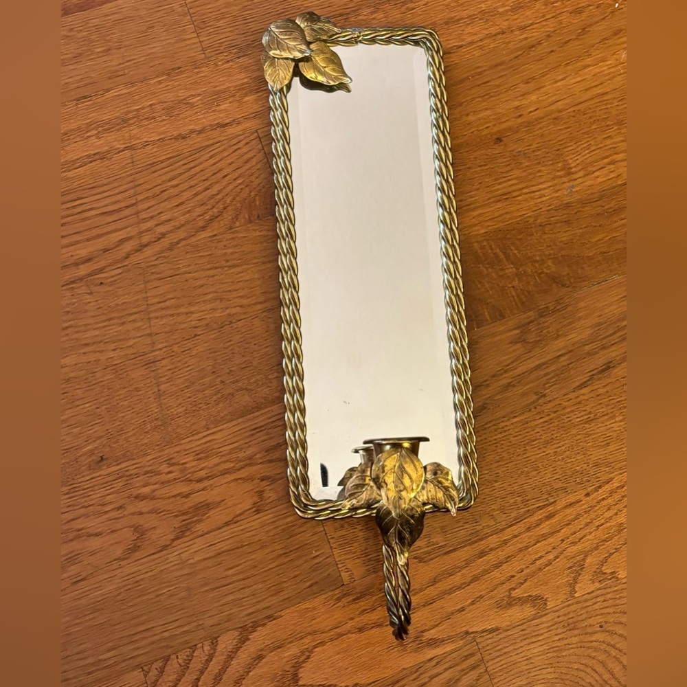 Vintage Deco Hollywood Regency Gold Twist Beveled Mirror Candleholder.